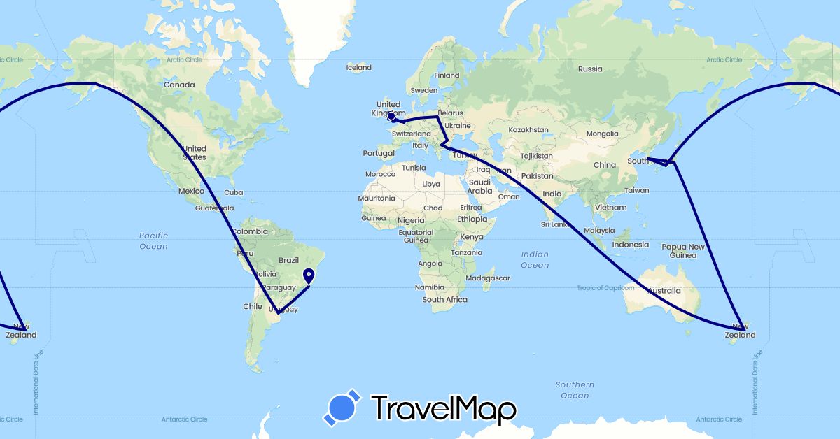 TravelMap itinerary: driving in Argentina, Belgium, Bulgaria, Brazil, France, United Kingdom, India, Japan, South Korea, New Zealand, Poland, Romania, Turkey, United States (Asia, Europe, North America, Oceania, South America)